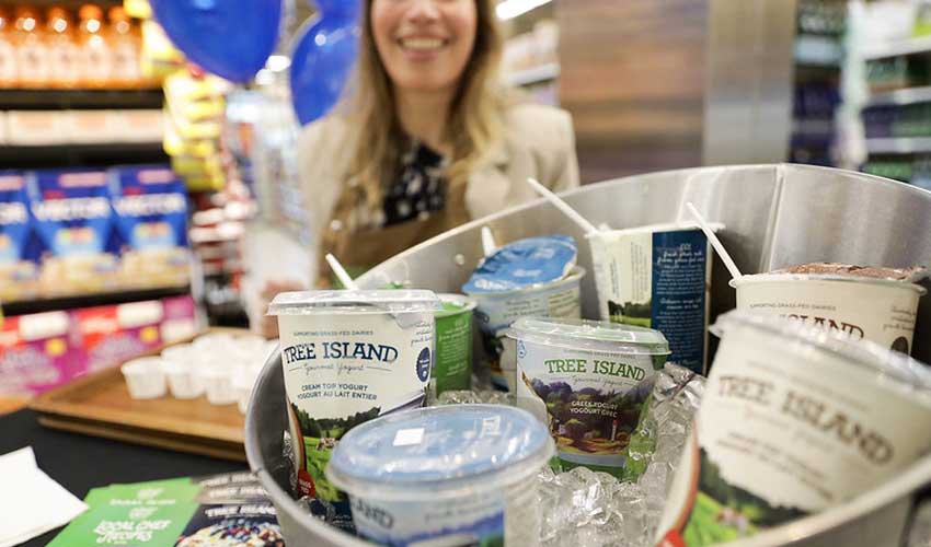 Tree Island yogurt supplier demo station set up in a grocery store.